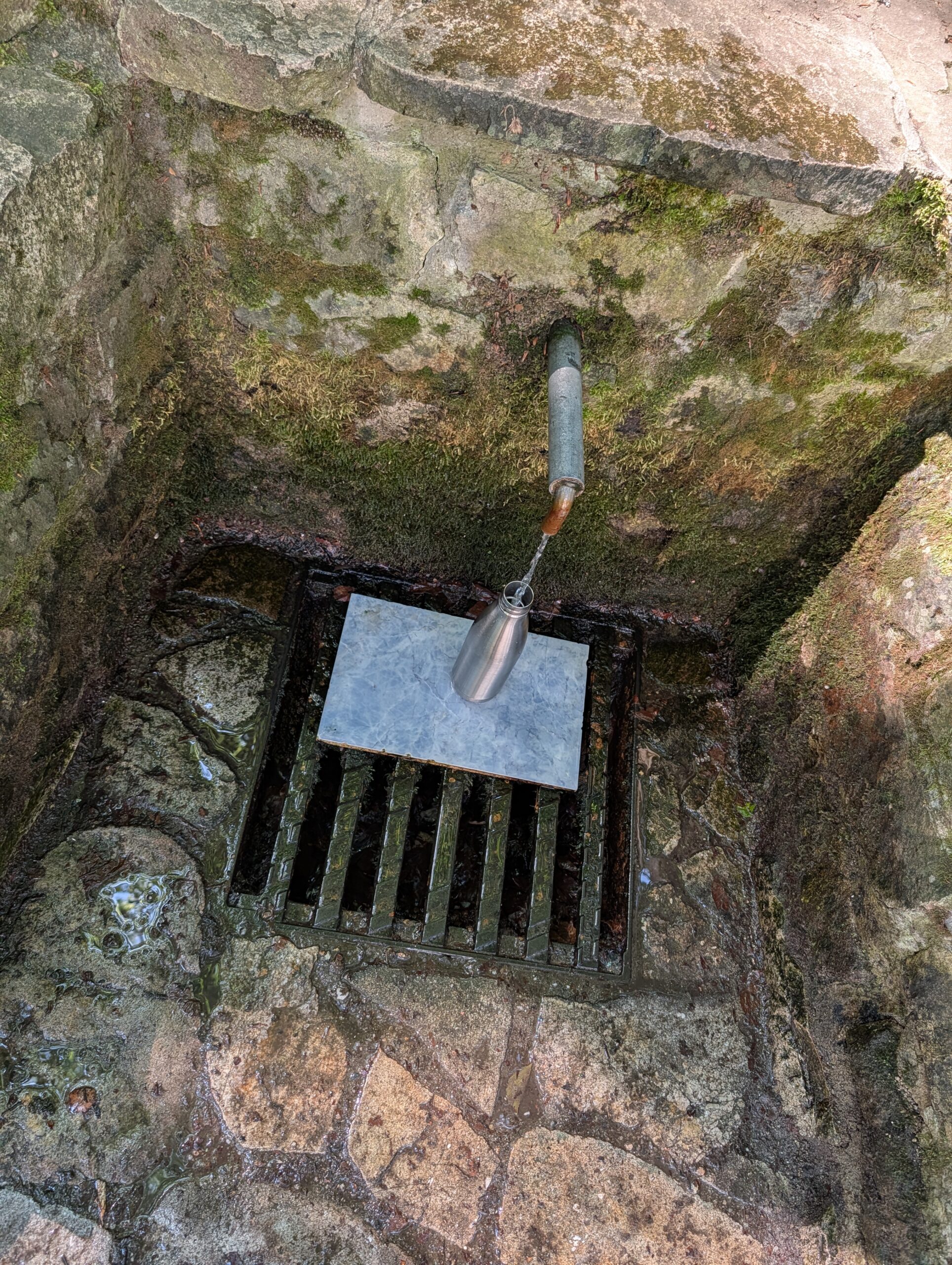 Hirschquelle am Goethe-Weg in Karlsbad mit Wasserauslauf, Edelstahlflasche und moosbewachsener Steinwand.