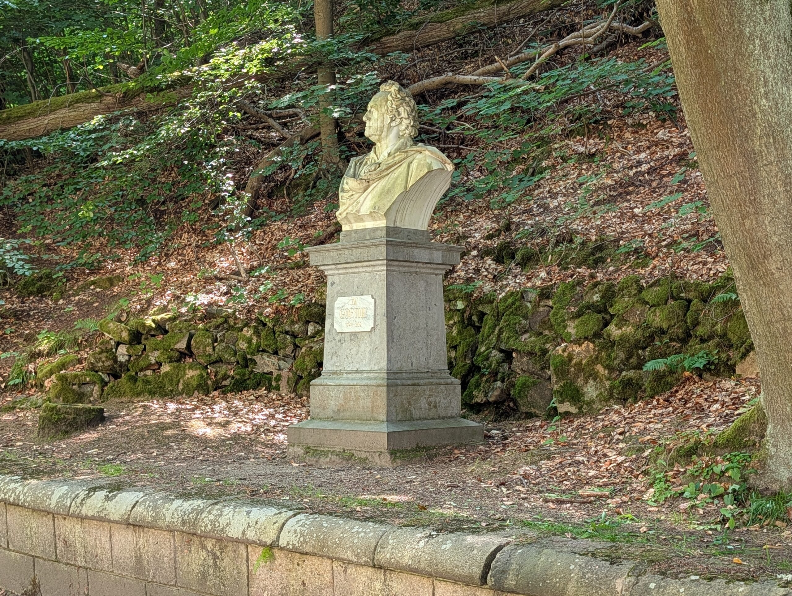 Goethe-Büste auf einem hohen Steinsockel vor einem bewaldeten Hang mit Steinmauer.