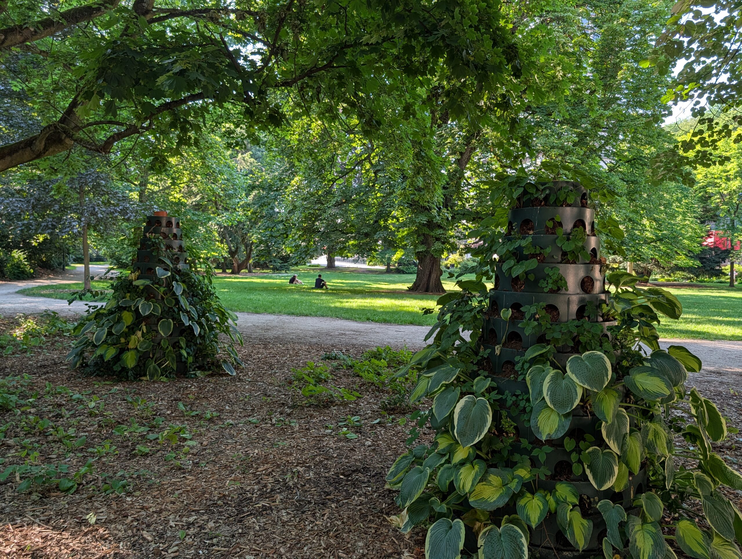 Dekorative Pflanzsäulen, große Bäume und Spazierwege im Dvořák-Park in Karlsbad.